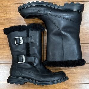 UGG Larkspur black leather buckle fur-lined moto boots